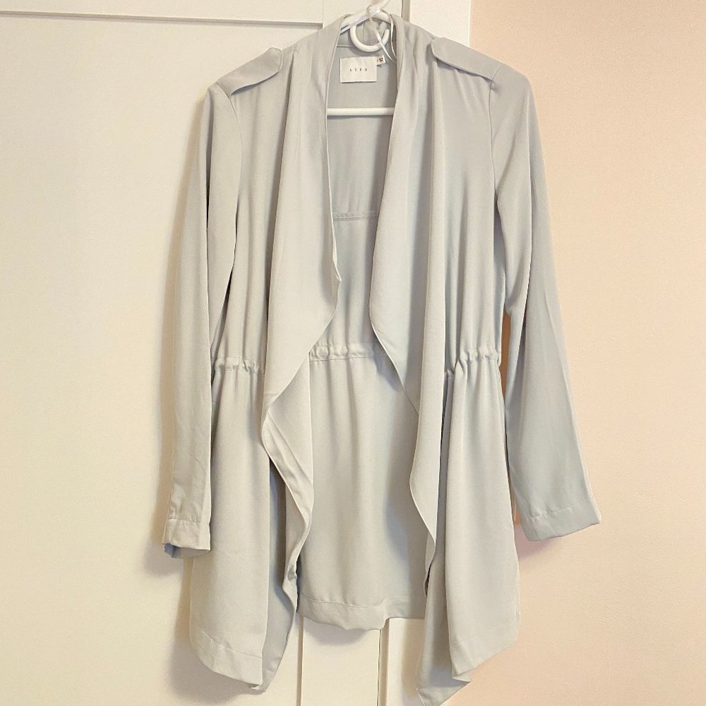 Lush Drape Front Light Weight Open Jacket Cinchable Waist Pockets Ice Blue S